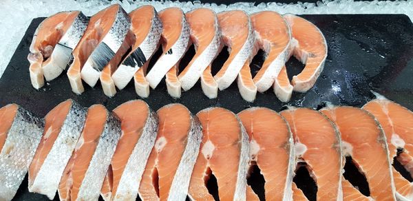 High angle view of  salmon sliced