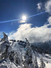 Scenic view of snow covered mountains against sky