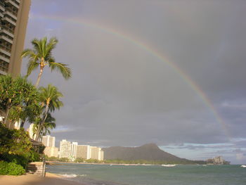Scenic view of rainbow over sea and buildings