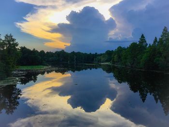 Scenic view of lake against cloudy sky