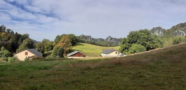 Trees and houses on field against sky