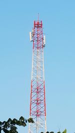 Low angle view of crane against clear blue sky