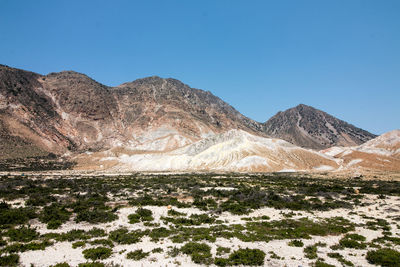 Scenic view of desert against clear blue sky