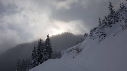 Scenic view of snow covered mountains against sky