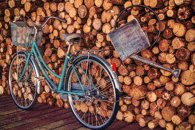 High angle view of bicycle on wood