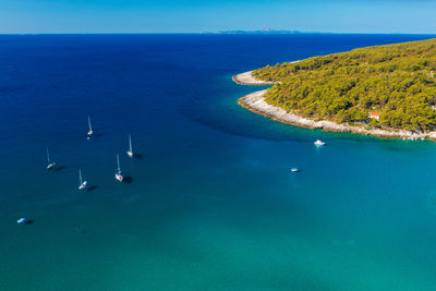 Aerial view of the bay with sailing boats on korcula island, adriatic sea, croatia