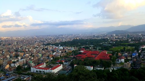 High angle shot of townscape against sky