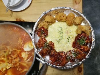 High angle view of food in plate on table