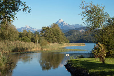 Scenic view of lake and mountains against sky