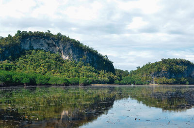 Scenic view of lake in forest against sky