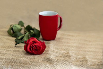 Close-up of red rose on table