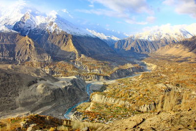 Aerial view of snowcapped mountains against sky