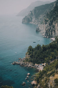 High angle view of sea and mountains