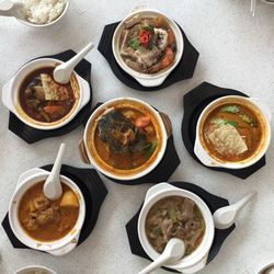 High angle view of food served on table