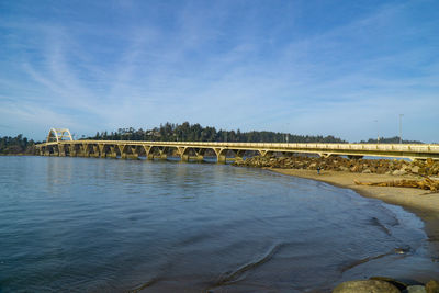 Arch bridge over river against sky