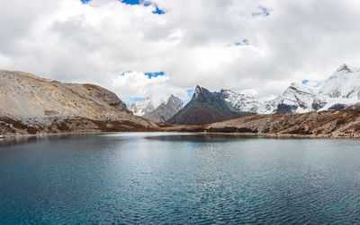 Scenic view of lake by snowcapped mountains against sky