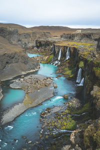 High angle view of river flowing through rocks