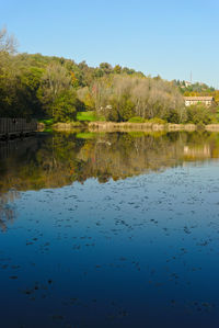 Scenic view of lake against clear blue sky