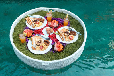 High angle view of breakfast served on table