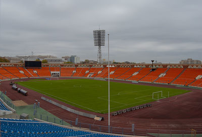 High angle view of soccer field against sky