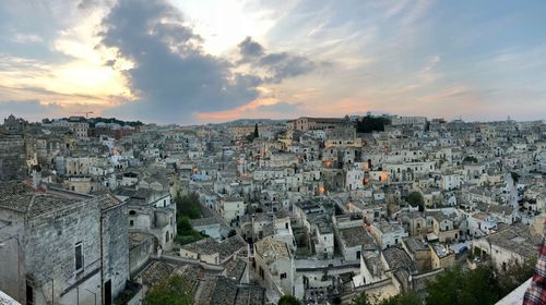 High angle view of townscape against sky at sunset