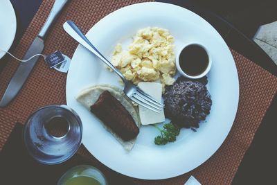 High angle view of breakfast on table