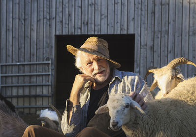 Happy senior man sitting amidst sheeps at farm