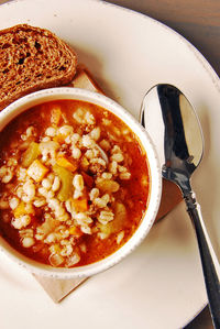 High angle view of soup in bowl on table