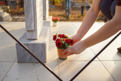 Midsection of woman holding red flower on floor