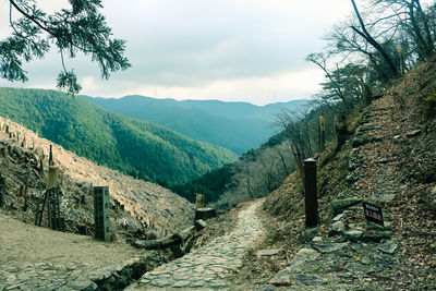 Scenic view of mountains against cloudy sky