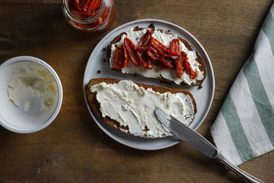 High angle view of breakfast served on table