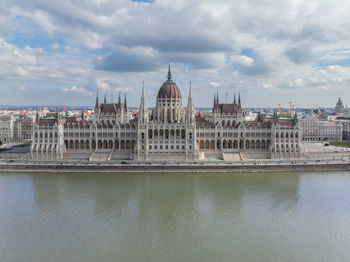 Awe inspiring drone shot of hungarian parliament building and danube river in budapest cityscape