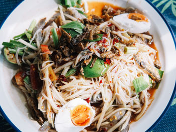 High angle view of food in plate on table