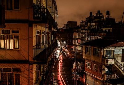 Buildings in city at sunset
