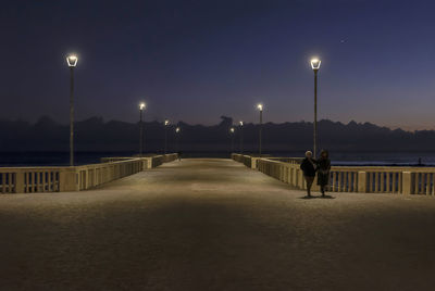 Rear view of man walking on road at night