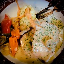 High angle view of breakfast served in plate