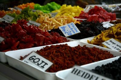 High angle view of various dried fruits in market