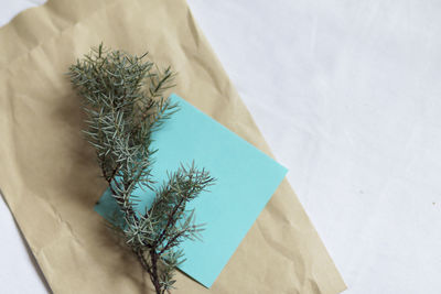 High angle view of paper on table