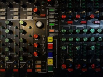 Close-up of multi colored audio mixer