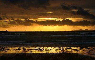 Scenic view of beach against sky during sunset