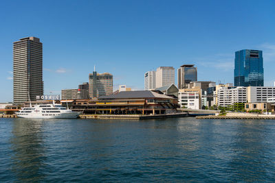 River by modern buildings against clear blue sky