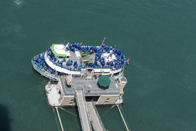 High angle view of ship moored on sea