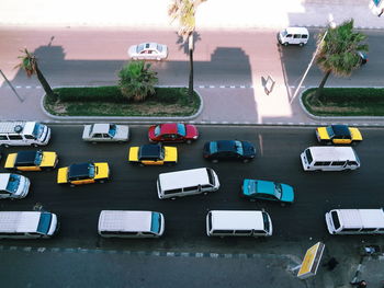 High angle view of cars on road against sky
