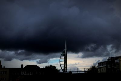 Low angle view of silhouette buildings against cloudy sky