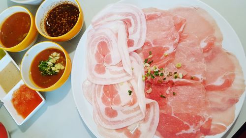 High angle view of meal served on table