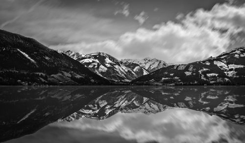 Scenic view of lake and snowcapped mountains against sky