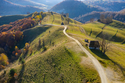 Autumn aerial shot of a ranch, homestead in apuseni mountains. transylvania, romania