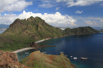 Scenic view of sea and mountains against sky