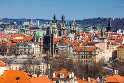 Prague city old town seen from petrin hill in a beautiful early spring day