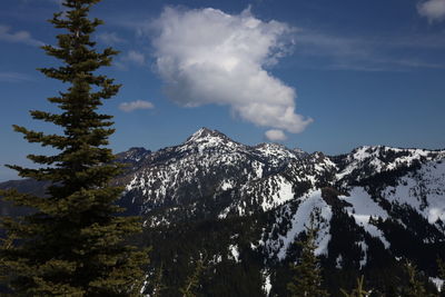 Low angle view of snowcapped mountain against sky